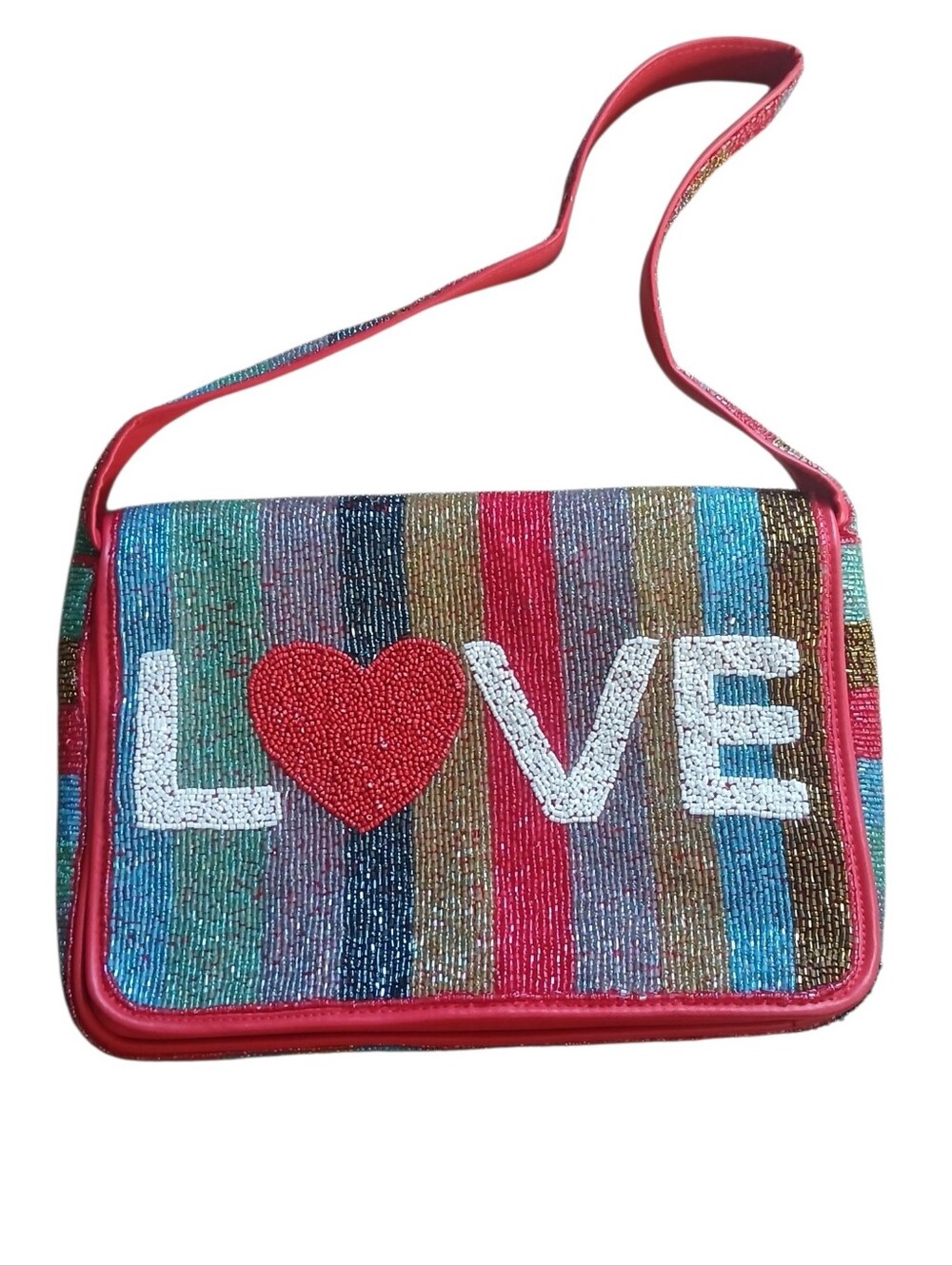 LOVE Beaded Shoulder Bag Multi-Color Hand Sewn Seed Beads Red White 12 x 3 x 8"